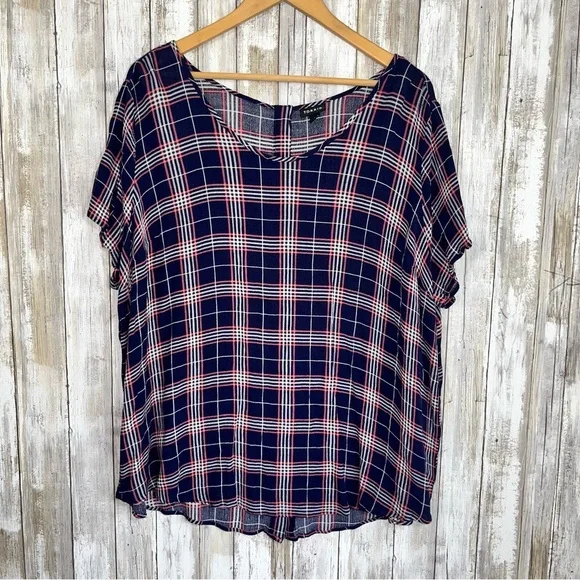 Torrid Harper Georgette Plaid Blouse 1X Blue Red Flutter Sleeve Flow Lightweight - Picture 2 of 7